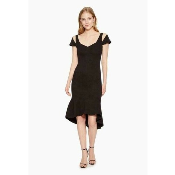 Parker Grace Dress Midi Cap Mesh Sleeve Ruffle Hem Black Size 6 Crepe Cocktail - Picture 1 of 14